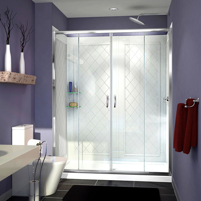 DreamLine DL-6114C-01CL Visions 34"D x 60"W x 76 3/4"H Sliding Shower Door in Chrome with Center Drain White Base, Backwalls