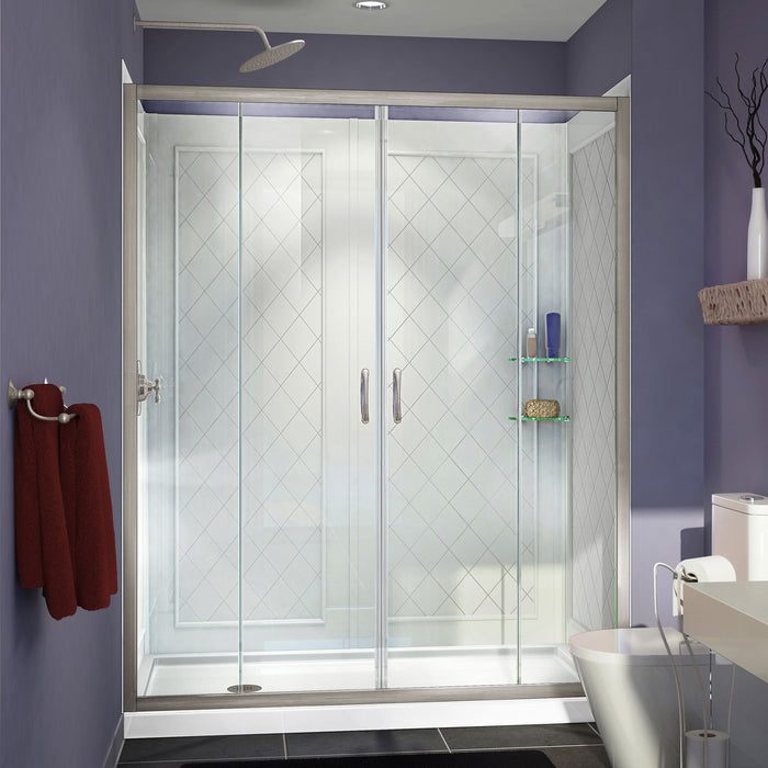 DreamLine DL-6114L-04CL Visions 34"D x 60"W x 76 3/4"H Sliding Shower Door in Brushed Nickel with Left Drain White Base, Backwalls