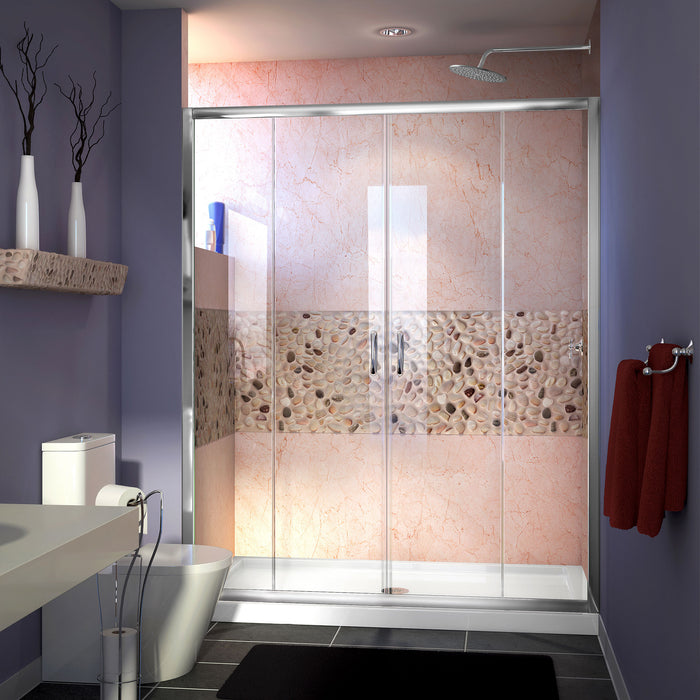 DreamLine DL-6960C-01CL Visions 30"D x 60"W x 74 3/4"H Sliding Shower Door in Chrome with Center Drain White Shower Base