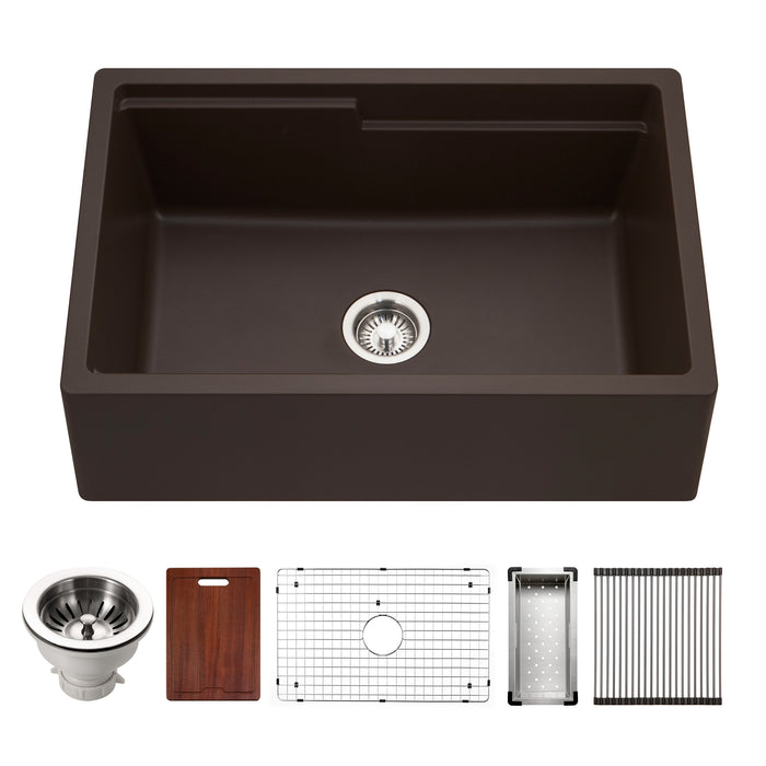 Houzer W-130 MOCHA-C Quartztone 30" Mocha Farmhouse Granite Composite Workstation Kitchen Sink