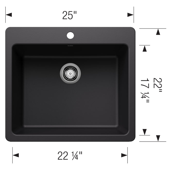 Blanco 443218 Liven SILGRANIT 25" Single Bowl Dual Mount Kitchen Sink - Coal Black