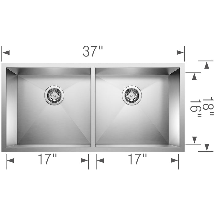 Blanco 516212 Precision R0 37" 50/50 Double Bowl Undermount Stainless Steel Kitchen Sink
