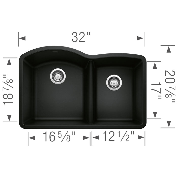 Blanco 442909 Diamond SILGRANIT 32" 60/40 Double Bowl Undermount Kitchen Sink - Coal Black