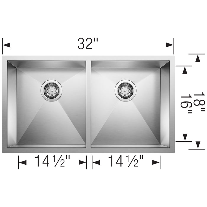 Blanco 443053 Quatrus R0 32" 50/50 Double Bowl Undermount Stainless Steel Kitchen Sink