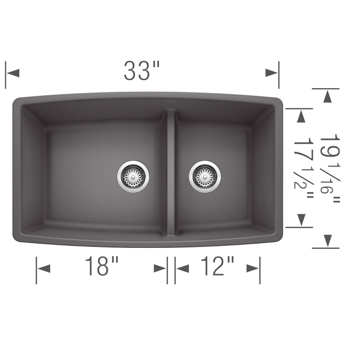 Blanco 441474 Performa SILGRANIT 33" 60/40 Double Bowl Undermount Kitchen Sink in Cinder
