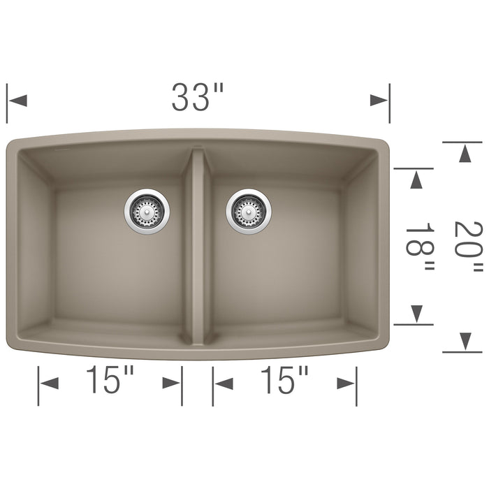 Blanco 441290 Performa SILGRANIT 33" 50/50 Double Bowl Undermount Kitchen Sink - Truffle