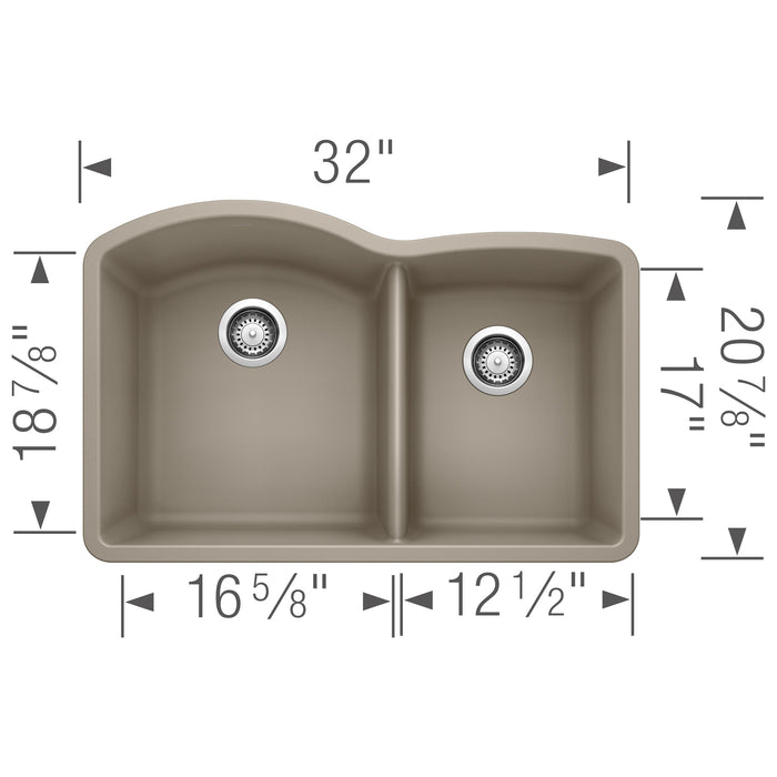 Blanco 441284 Diamond SILGRANIT 32" 60/40 Double Bowl Undermount Kitchen Sink - Truffle