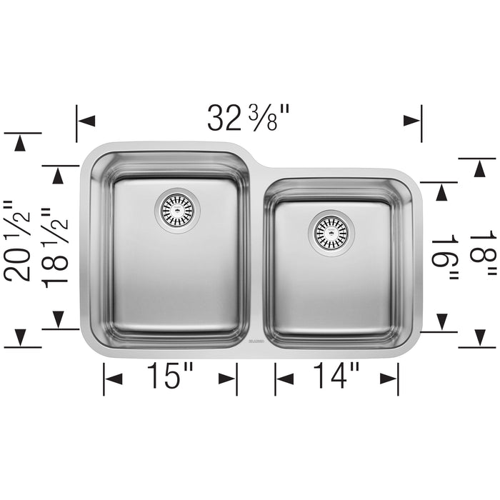 Blanco 441023 Stellar 32" 60/40 Double Bowl Undermount Stainless Steel Kitchen Sink
