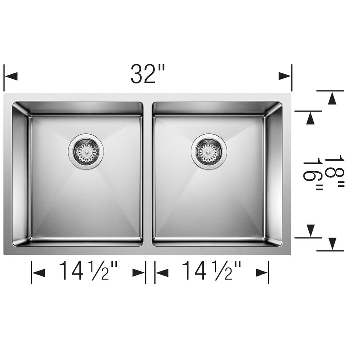 Blanco 443149 Quatrus R15 32" 50/50 Double Bowl Undermount Stainless Steel Kitchen Sink