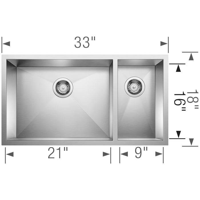 Blanco 516213 Precision R0 33" 70/30 Double Bowl Undermount Stainless Steel Kitchen Sink