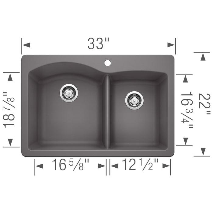 Blanco 441465 Diamond SILGRANIT 33" 60/40 Double Bowl Dual Mount Kitchen Sink - Cinder