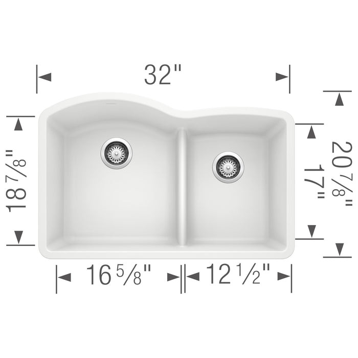 Blanco 441593 Diamond SILGRANIT 32" 60/40 Double Bowl Undermount Kitchen Sink in White