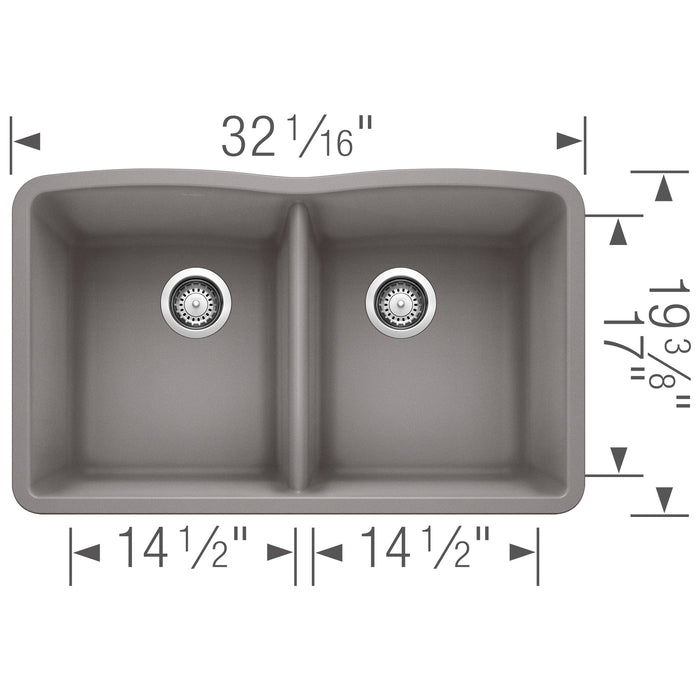 Blanco 440183 Diamond SILGRANIT 32" 50/50 Double Bowl Undermount Kitchen Sink - Metallic Gray