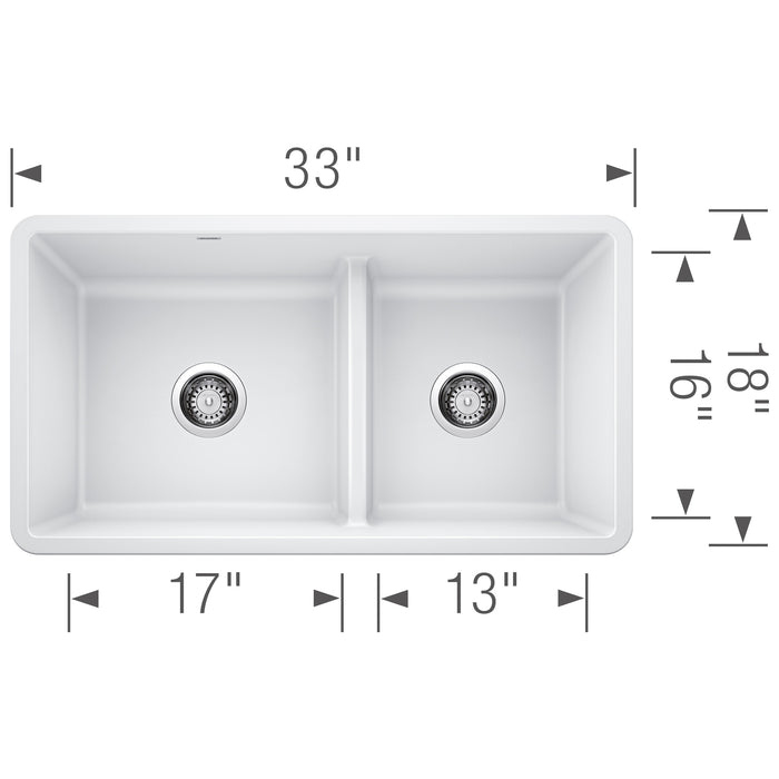 Blanco 442524 Precis SILGRANIT 33" 60/40 Reversible Double Bowl Undermount Kitchen Sink in White