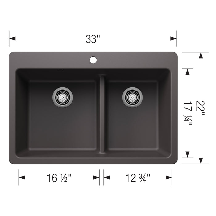 Blanco 443212 Liven SILGRANIT 33" 60/40 Double Bowl Dual Mount Kitchen Sink in Cinder
