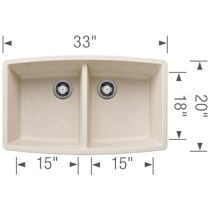 Blanco 443086 Performa SILGRANIT 33" 50/50 Double Bowl Undermount Kitchen Sink - Soft White