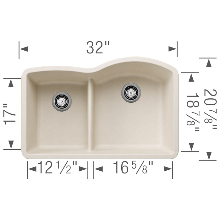 Blanco 443066 Diamond SILGRANIT 32" 40/60 Reverse Double Bowl Undermount Kitchen Sink in Soft White