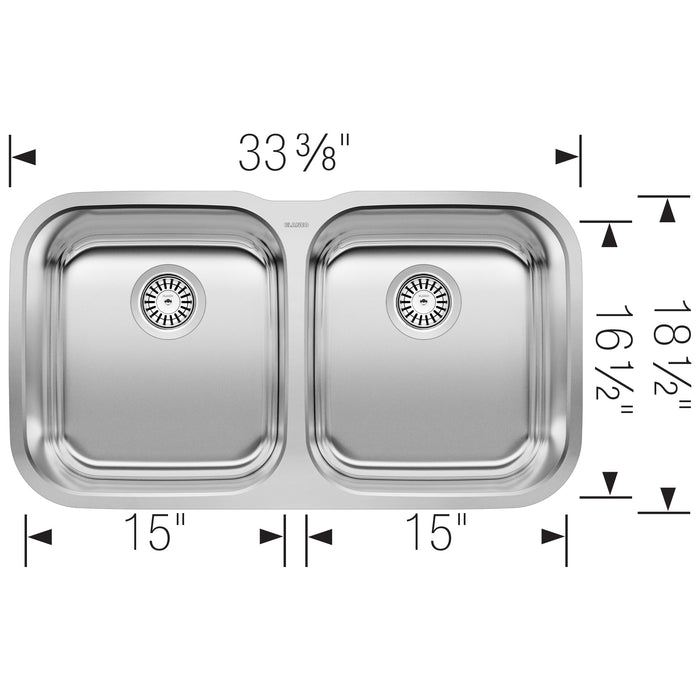 Blanco 441020 Stellar 33" 50/50 Double Bowl Undermount Stainless Steel Kitchen Sink