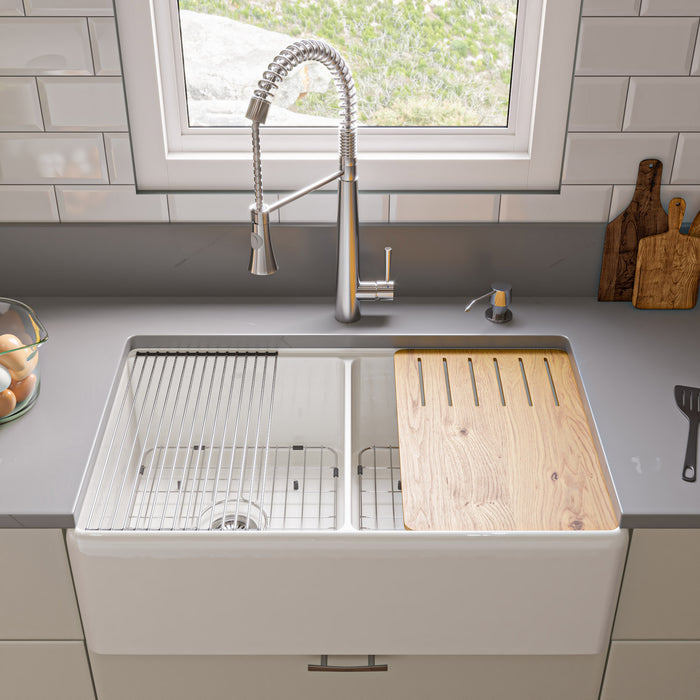 ALFI Brand ABFS3320D-W White 33" x 20" Workstation Double Bowl Step Rim Fireclay Farm Sink