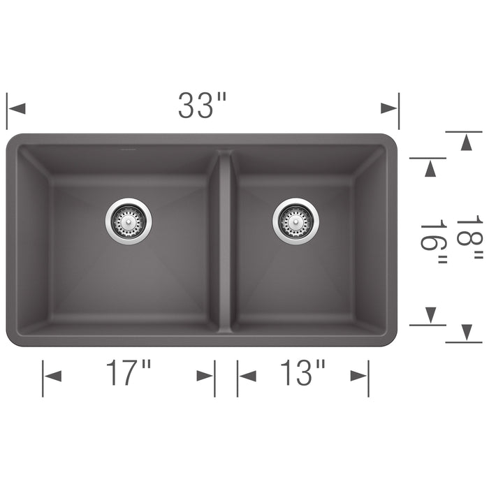 Blanco 441479 Precis SILGRANIT 33" 60/40 Double Bowl Undermount Kitchen Sink - Cinder
