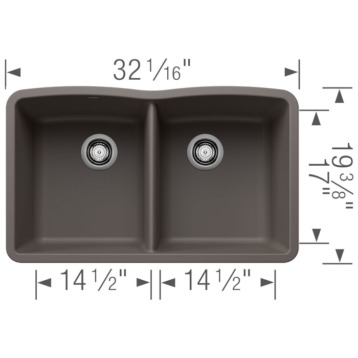 Blanco 443105 Diamond SILGRANIT 32" 50/50 Double Bowl Undermount Kitchen Sink - Volcano Gray