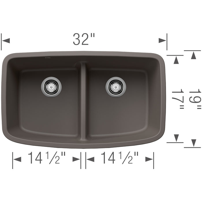 Blanco 443126 Valea SILGRANIT 32" 50/50 Double Bowl Undermount Kitchen Sink in Volcano Gray