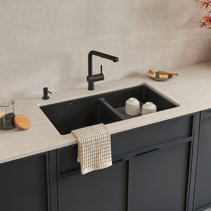 Blanco 442926 Precis SILGRANIT 33" 60/40 Double Bowl Undermount Kitchen Sink - Coal Black