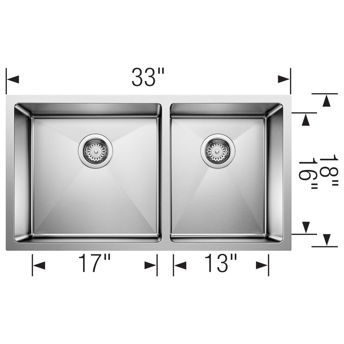 Blanco 443150 Quatrus R15 33" 60/40 Double Bowl Undermount Stainless Steel Kitchen Sink