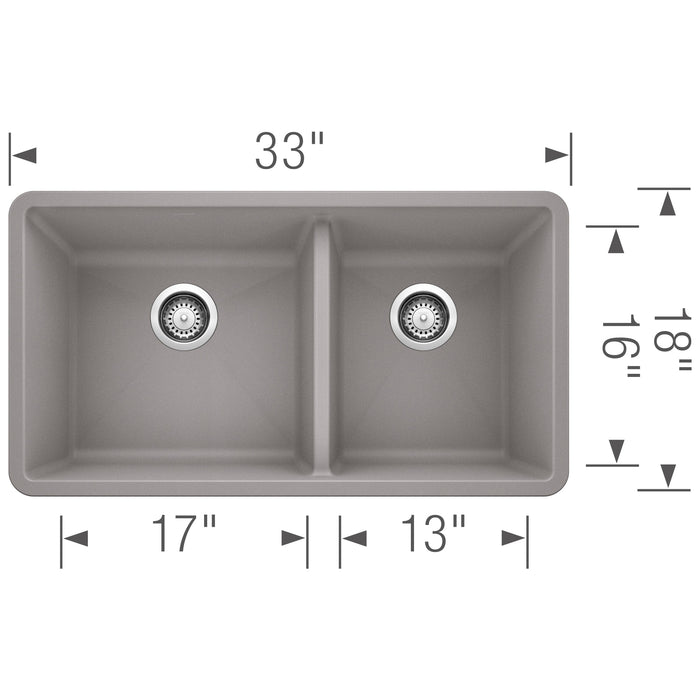 Blanco 441130 Precis SILGRANIT 33" 60/40 Double Bowl Undermount Kitchen Sink - Metallic Gray