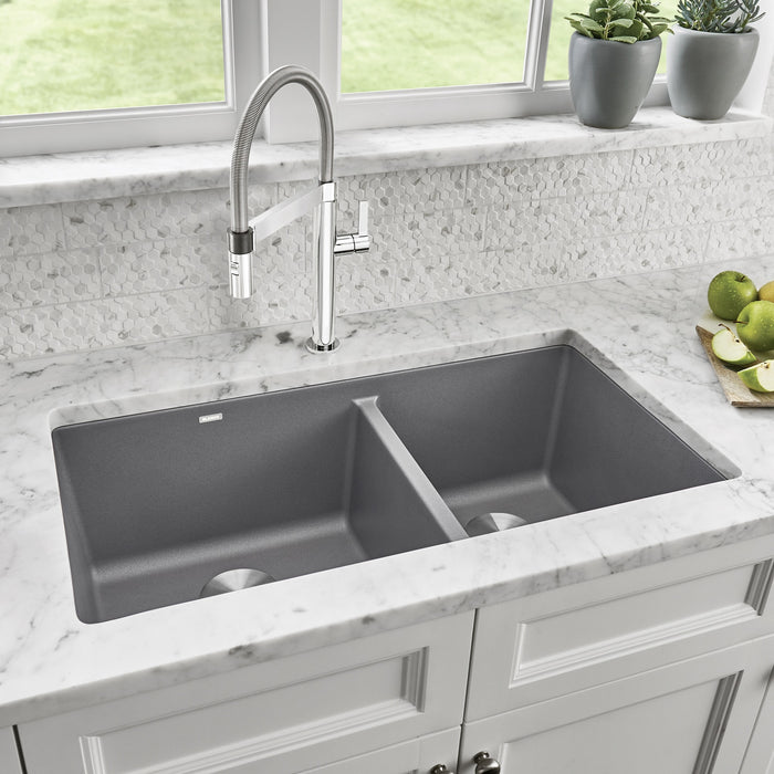 Blanco 441130 Precis SILGRANIT 33" 60/40 Double Bowl Undermount Kitchen Sink - Metallic Gray