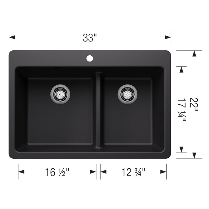 Blanco 443210 Liven SILGRANIT 33" 60/40 Double Bowl Dual Mount Kitchen Sink in Coal Black