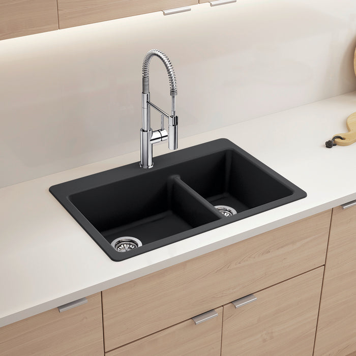 Blanco 443210 Liven SILGRANIT 33" 60/40 Double Bowl Dual Mount Kitchen Sink in Coal Black