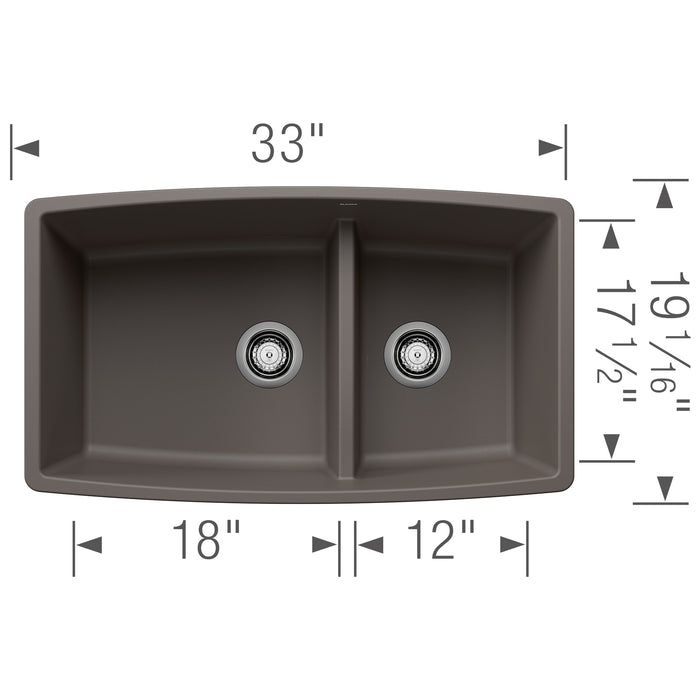 Blanco 443125 Performa SILGRANIT 33" 60/40 Double Bowl Undermount Kitchen Sink in Volcano Gray