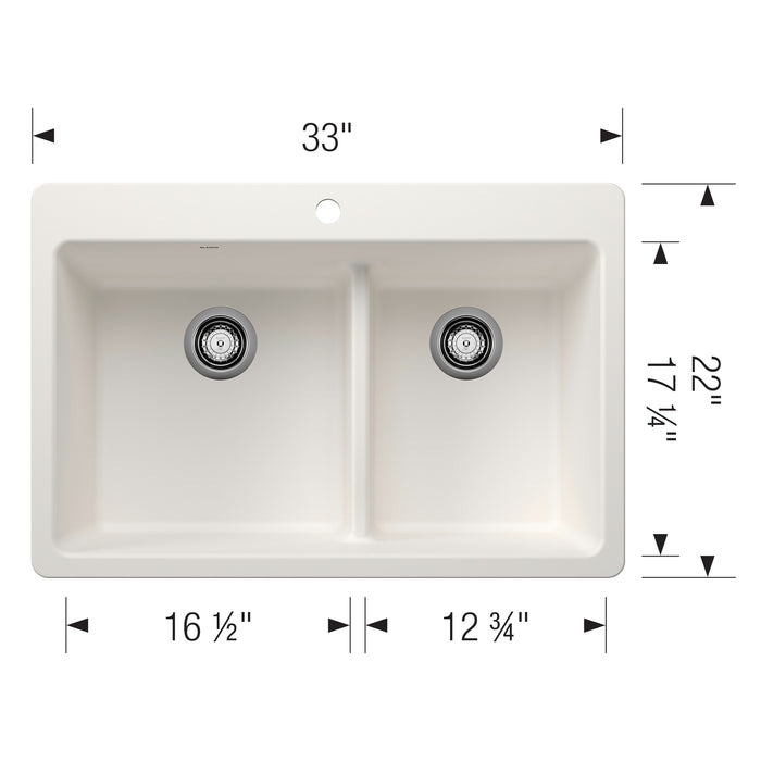 Blanco 443213 Liven SILGRANIT 33" 60/40 Double Bowl Dual Mount Kitchen Sink in White