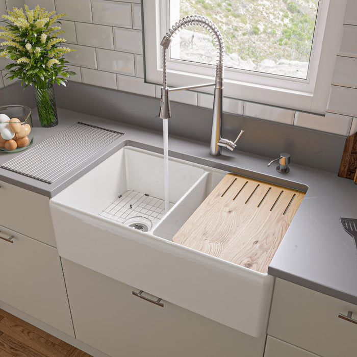 ALFI Brand ABFS3320D-W White 33" x 20" Workstation Double Bowl Step Rim Fireclay Farm Sink