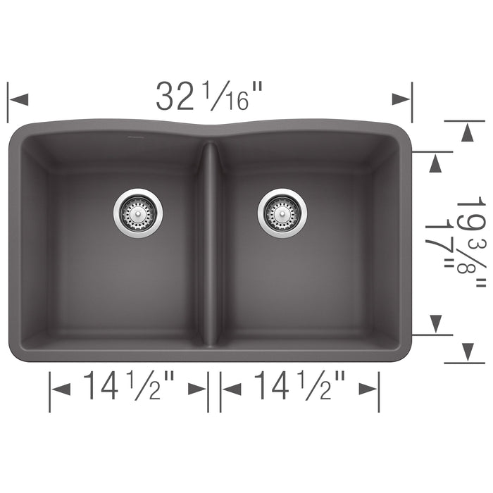 Blanco 441470 Diamond SILGRANIT 32" 50/50 Double Bowl Undermount Kitchen Sink - Cinder