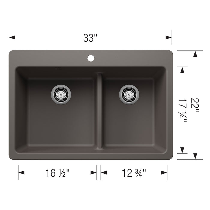 Blanco 443216 Liven SILGRANIT 33" 60/40 Double Bowl Dual Mount Kitchen Sink in Volcano Gray