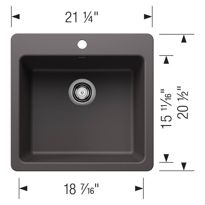 Blanco 443228 Liven SILGRANIT 21" Single Bowl Dual Mount Kitchen Sink - Cinder