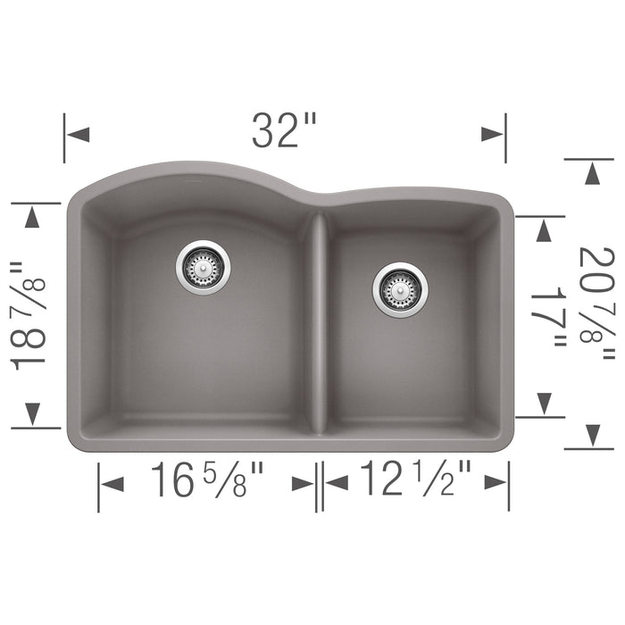 Blanco 440178 Diamond SILGRANIT 32" 60/40 Double Bowl Undermount Kitchen Sink - Metallic Gray