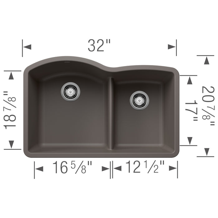 Blanco 443102 Diamond SILGRANIT 32" 60/40 Double Bowl Undermount Kitchen Sink in Volcano Gray