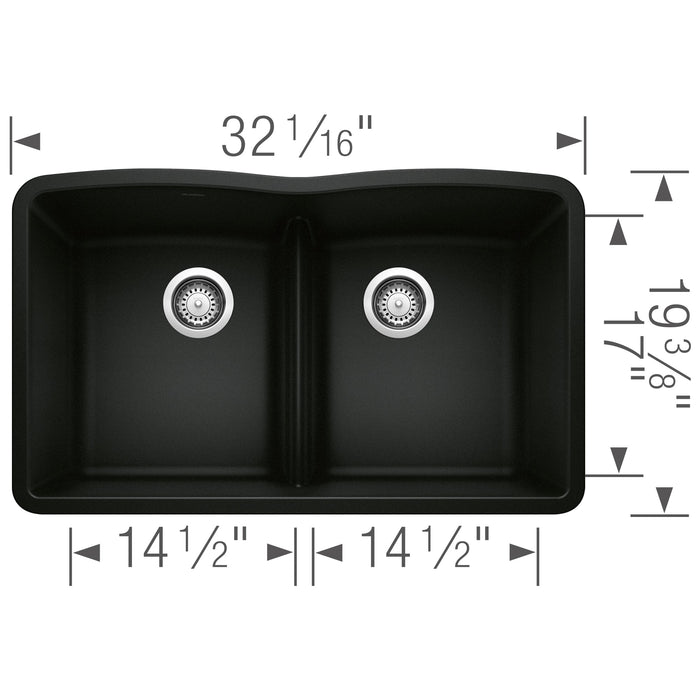Blanco 442914 Diamond SILGRANIT 32" 50/50 Double Bowl Undermount Kitchen Sink in Coal Black