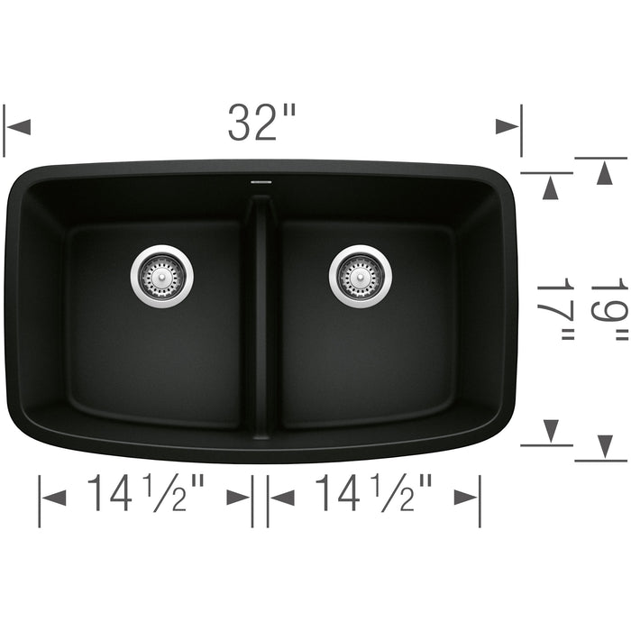 Blanco 442940 Valea SILGRANIT 32" 50/50 Double Bowl Undermount Kitchen Sink in Coal Black