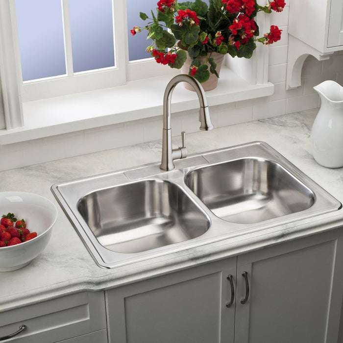 Elkay DSE233224 Dayton Stainless Steel 33" x 22" x 8-1/16", Double Bowl Top Mount Kitchen Sink