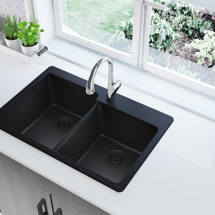 Elkay ELG250RBK0 Quartz Classic 33" x 22" x 9-1/2", Offset 2-Bowl Top Mount Kitchen Sink, Black