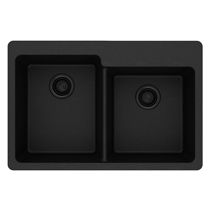 Elkay ELG250RBK0 Quartz Classic 33" x 22" x 9-1/2", Offset 2-Bowl Top Mount Kitchen Sink, Black