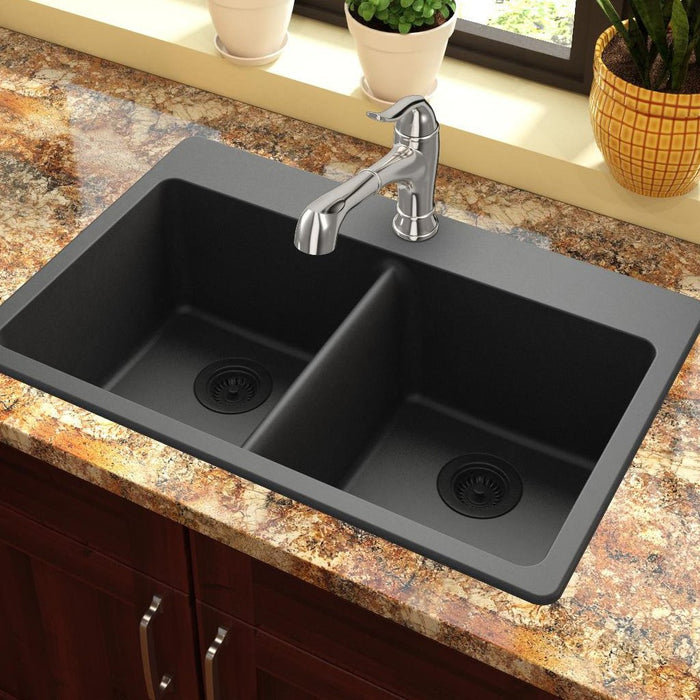 Elkay ELG3322BK0 Quartz Classic 33" x 22" x 9-1/2", Equal Double Bowl Top Mount Kitchen Sink, Black