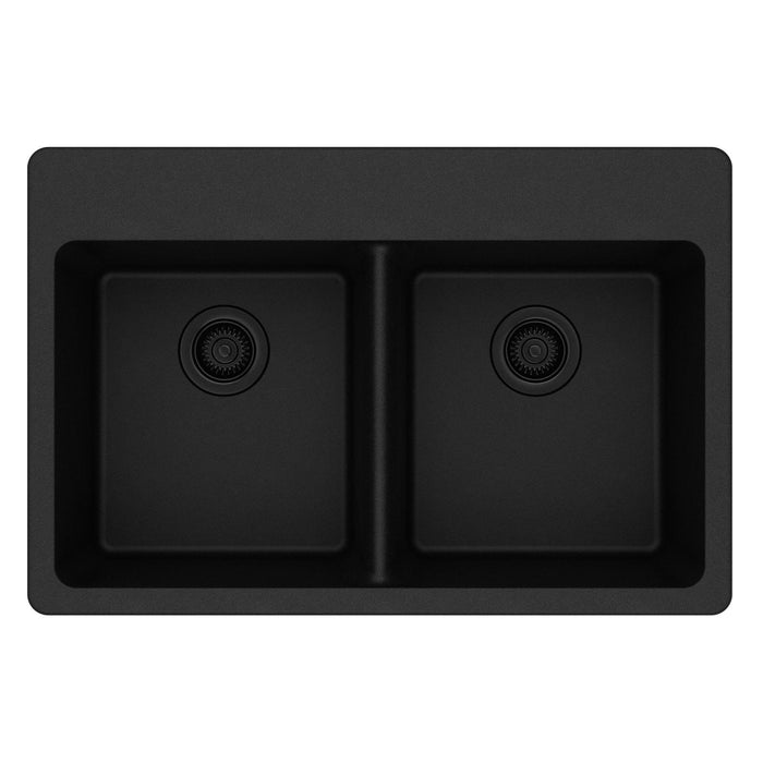 Elkay ELG3322BK0 Quartz Classic 33" x 22" x 9-1/2", Equal Double Bowl Top Mount Kitchen Sink, Black