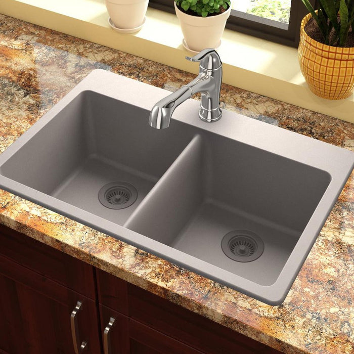 Elkay ELG3322GR0 Quartz Classic 33" x 22" x 9-1/2", Double Bowl Top Mount Kitchen Sink, Greige