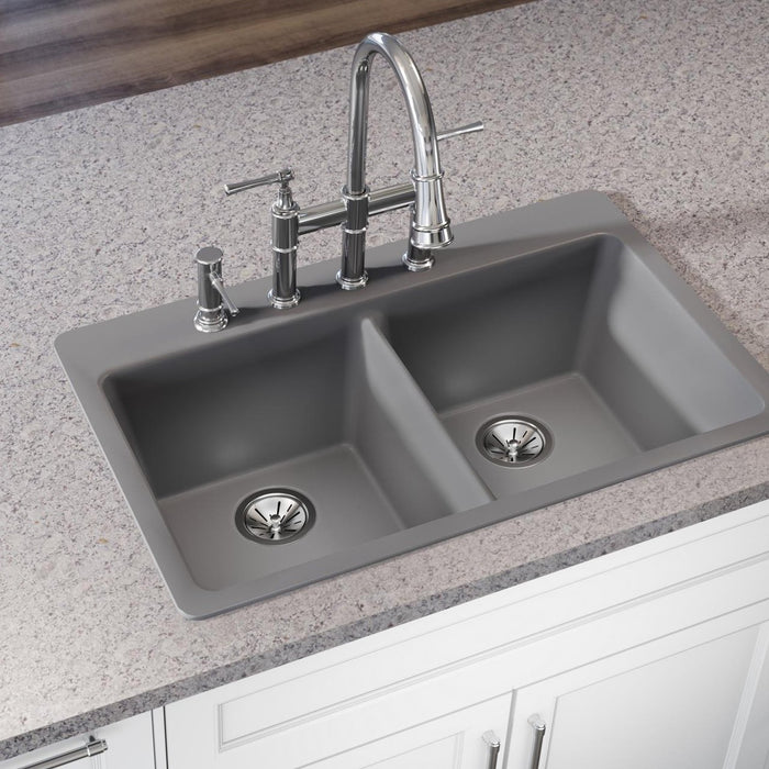Elkay ELG3322GS0 Quartz Classic 33" x 22" x 9-1/2", Double Bowl Top Mount Kitchen Sink, Greystone
