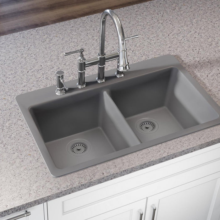 Elkay ELG3322GS0 Quartz Classic 33" x 22" x 9-1/2", Double Bowl Top Mount Kitchen Sink, Greystone